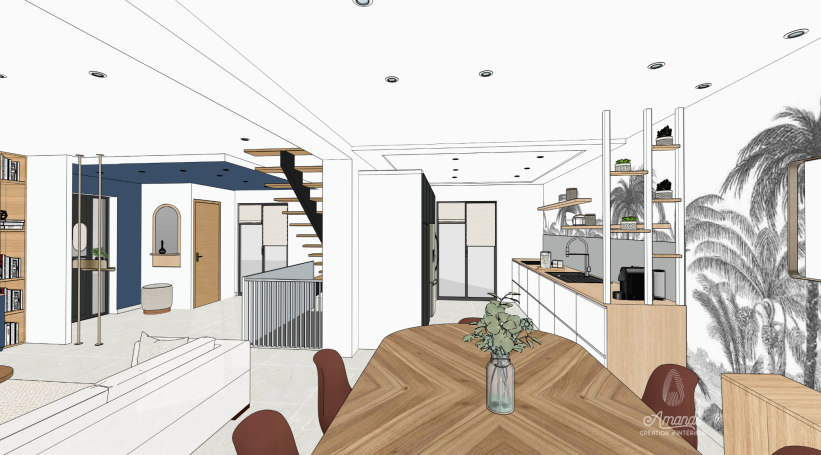 Conception 3D d’un séjour en région parisienne, avec bibliothèque bleue sur mesure, arches intégrées et salon ouvert sur salle à manger 