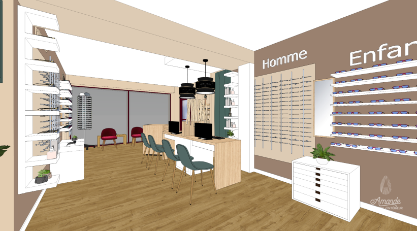 Vue 3D magasin optique Morbihan Conception 3D d'un magasin d’optique, avec un espace dédié à chaque thème.