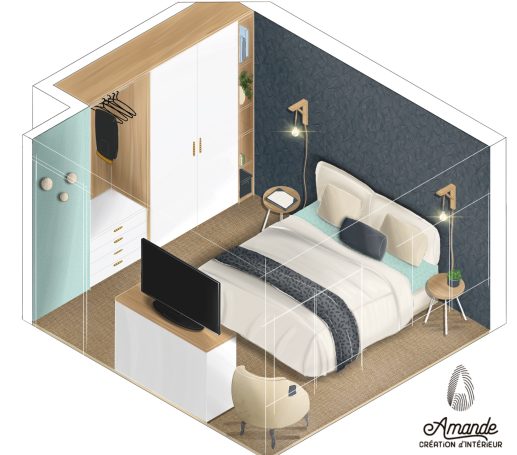 Dessin d'une chambre en axonométrie