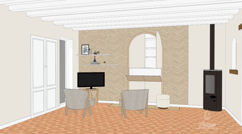 Salon – Arche bois et bibliothèque murale – Projet Nantes Aménagement 3D d’un salon à Nantes avec arche décorative, panneaux bois en chevron et rangements sur mesure intégrés.