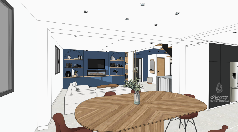 Cuisine & salle à manger – Projet à distance – Région parisienne Vue 3D d’un espace cuisine et salle à manger conçu à distance pour une maison en région parisienne.