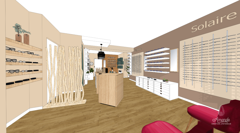 Vue 3D – Aménagement global et zone solaire – Opticien Morbihan Vue d’ensemble 3D du magasin d’optique avec séparation en bois naturel, mobilier bas sur mesure et espace dédié à la collection solaire.
